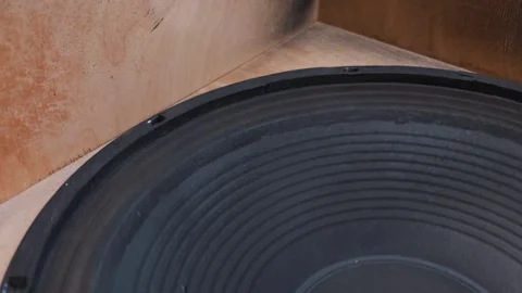 Large Black Subwoofer Speaker Cone Detail Inside Wooden Acoustic Enclosure Stock Footage 334106955