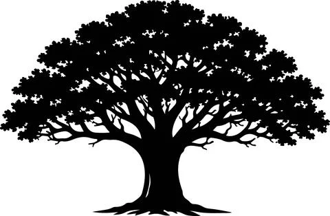 Large black tree with spreading branches and green leaves silhouette illust.. Stock Illustration