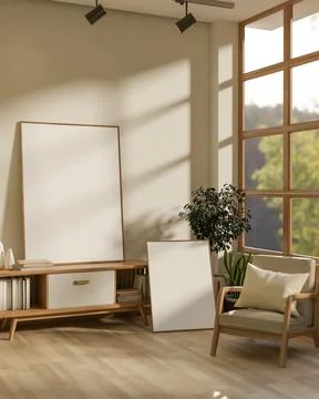 The large blank drawing frames in the corner of white wall room next to a w.. 스톡 일러스트