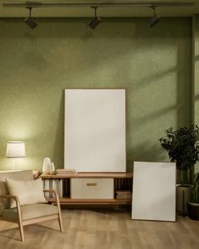 The large blank drawing frames in the middle of the green wall room, with w.. Stock Illustration