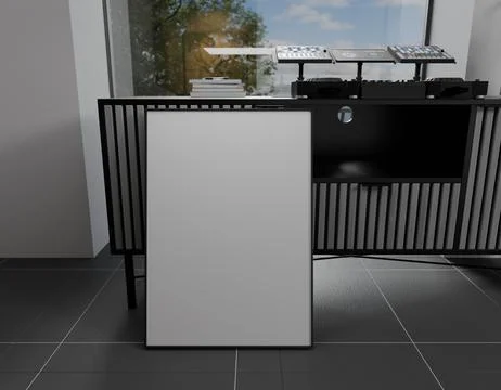 A large, blank, white poster with a thin black frame stands upright Stock-Illustration
