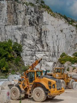 Large blocks of marble in one of the quarries near Carrara, Italy Stock Photos