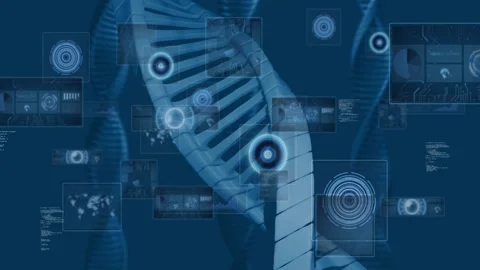 Large blue 3D DNA helix staying centered as HUD panels fading aligning scanning Stock Footage 329122040