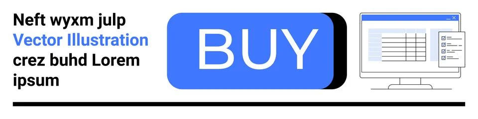 Large blue BUY button, computer screen displaying a table, and placeholder te Stock Illustration