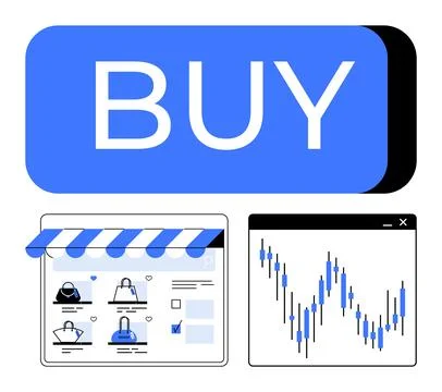 Large blue BUY button, online store interface with shopping cart and product  Stock Illustration