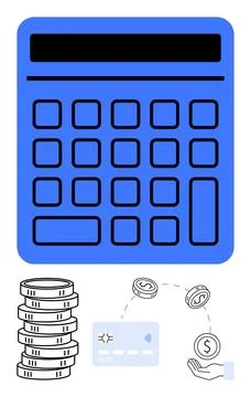 Large blue calculator, stack of coins, credit card processing, and hand recei Stock Illustration