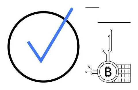 Large blue checkmark inside black circle connected to a Bitcoin symbol on ele Stock Illustration