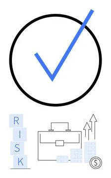 Large blue checkmark inside black circle, stack of risk blocks, briefcase, gr Stock Illustration