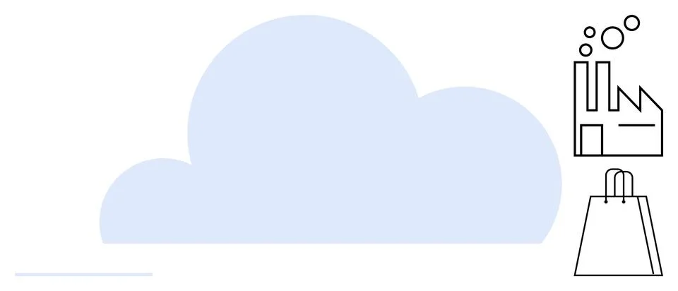 Large blue cloud complemented by minimalist icons of a factory and a shopping Stock Illustration