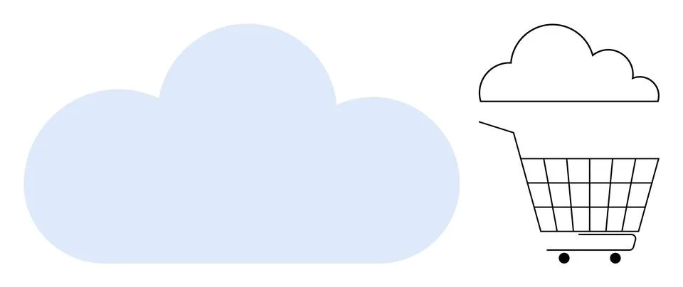 Large blue cloud next to an outlined cloud on shopping cart emphasizing digit Stock Illustration