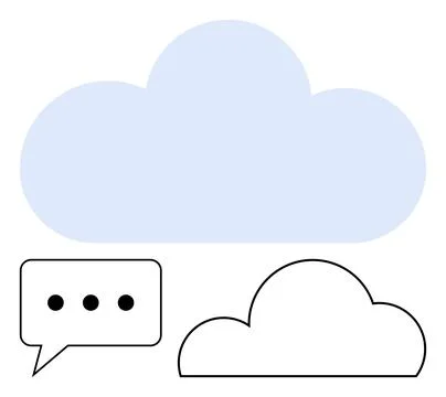Large blue cloud, outline cloud, and chat bubble with dots indicating communi Stock Illustration