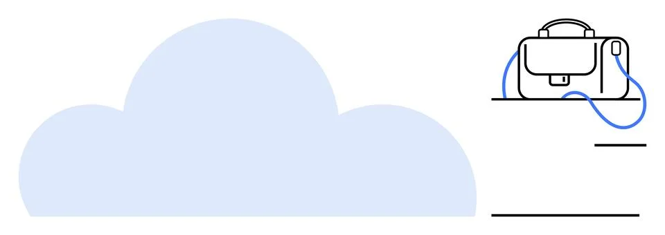 Large blue cloud shape next to a business bag with a charging cable on a shel Illustrazione stock