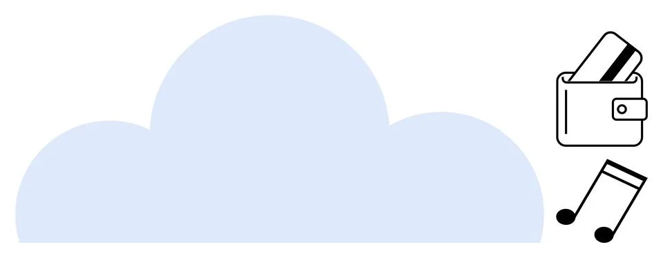 Large blue cloud with wallet containing credit cards and music notes. Ideal f Illustrazione stock