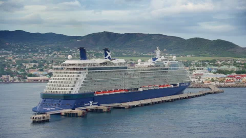 Large blue cruise ship docked at Caribbean port with green mountains behind. Vídeos de archivo 341989509