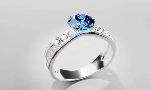 The large blue diamond is surrounded by many diamonds on the ring made of pla Stock Illustration