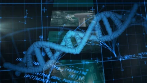 Large blue DNA double helix rotating rightward, triggered by pulsing code, Vidéo 329533619