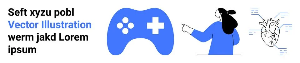 Large blue game controller icon next to a person pointing at a detailed heart Stock Illustration