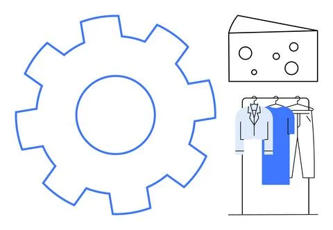 Large blue gear, clothes on rack, and wedge of Swiss cheese against white b.. Stock Illustration