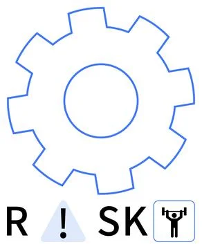Large blue gear, exclamation mark in triangle, and person lifting a bar formi Stock Illustration