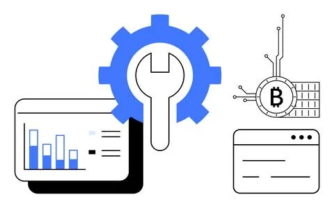 Large blue gear with wrench, graphs in window, Bitcoin symbol with circuit co Illustrazione stock