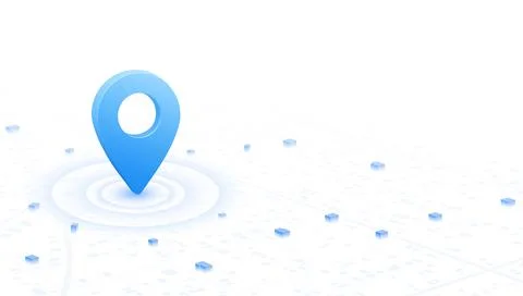 Large blue glossy location pin standing on isometric light city map with ripple Stock Illustration