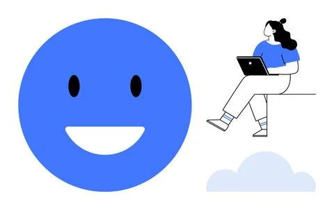 Large blue happy face next to a person sitting on a platform edge using a lap Stock Illustration