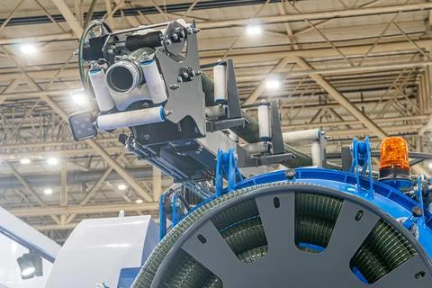 A large, blue industrial machine dominates a spacious factory floor with safe Stock Photos