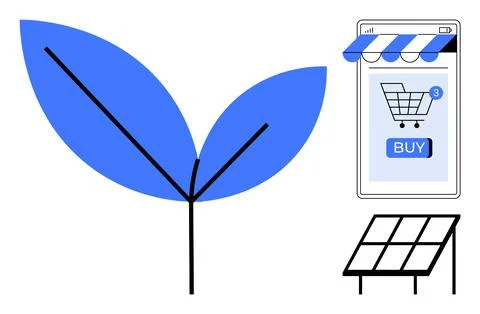 Large blue leaf and seedling on left. Online shopping cart with notification  Illustration