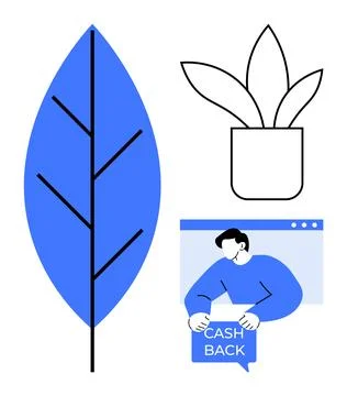 Large blue leaf with black veins next to a potted plant in black outline abov Stock Illustration