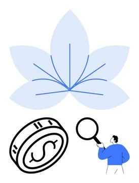 Large blue leaf with branching lines, a magnifying glass held by a person, an Stock Illustration