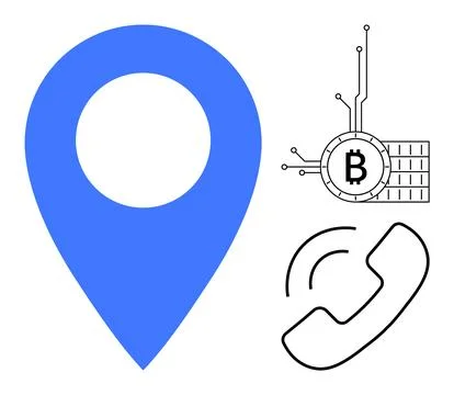 Large blue location pin, cryptocurrency Bitcoin symbol, and a phone icon. Ide Stock Illustration