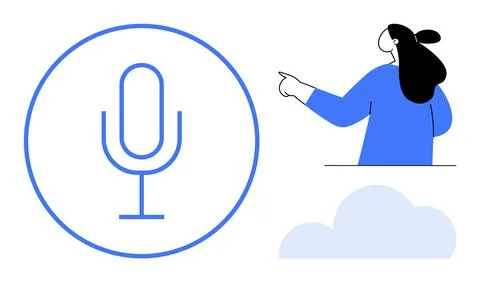 Large blue microphone icon next to a person gesturing right with clouds below Stock Illustration