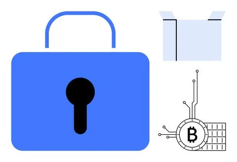 Large blue padlock, a box, and a Bitcoin symbol convey security, blockchain t Stock Illustration