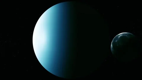 Large blue planet and small moon in deep space with a dark starry background Stock Footage 340388183