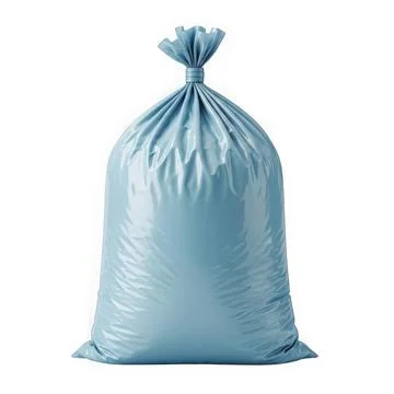 Large blue plastic bag filled with an unknown substance, tied at the top. Illustrazione stock