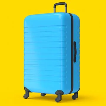 Large blue polycarbonate suitcase isolated on yellow background. イラスト素材