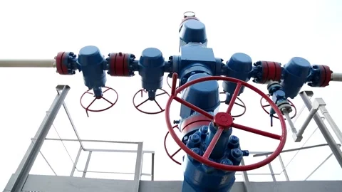 Large blue refinery pipes with flanges and valves to transport fuel Stock-Footage 223018588