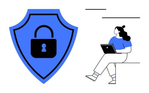 Large blue shield with black lock symbolizing security next to woman using la 스톡 일러스트