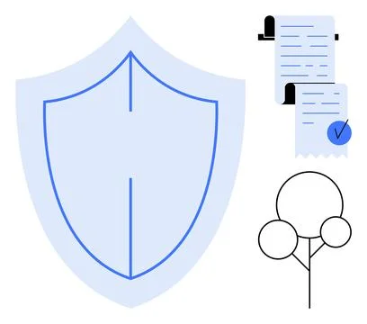A large blue shield, a document with a blue checkmark, and a simple tree desi Illustrazione stock