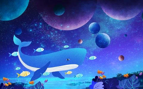 Large blue sperm whale on the background of a fantastic sky with large planets Stock Illustration