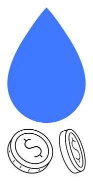 Large blue water drop centered above two black and white coins with dollar si Ilustração Stock