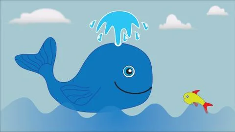 A large blue whale and a small fish float in the sea. Stock Illustration