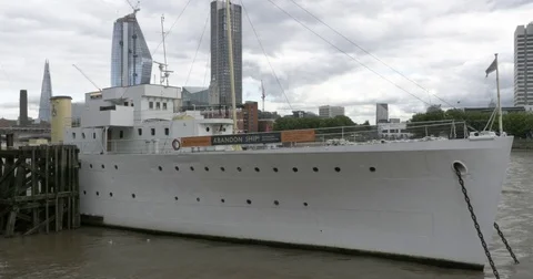 Large Boat Docked on River Thames North Bank London Stock Footage 80146015
