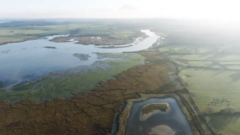 A large body of water is surrounded by a field of grass Stock Footage 297959784
