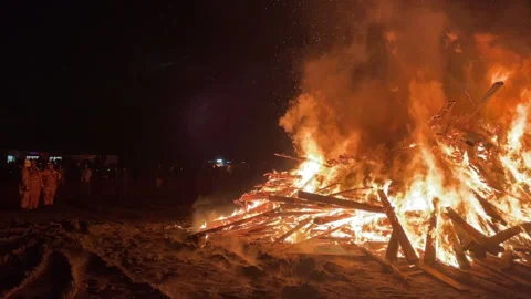 Large Bonfire Burning Beneath the Night Sky in Killarney | 4K Night Footage Stock Footage 336629762