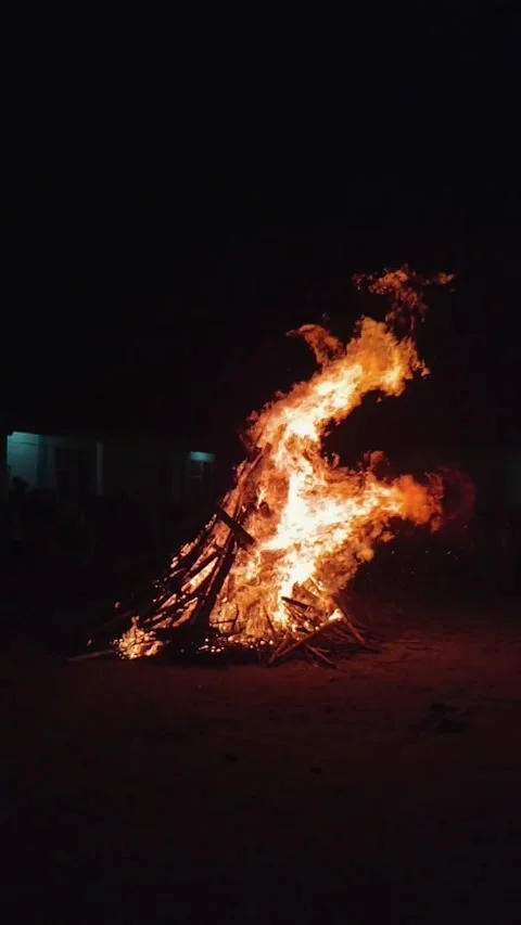 A large bonfire burns brightly at night Stock Footage 317959331