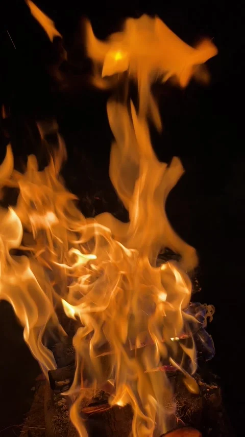 Large Bonfire Flames Burning Bright at Night 4K Stock Footage 345369828