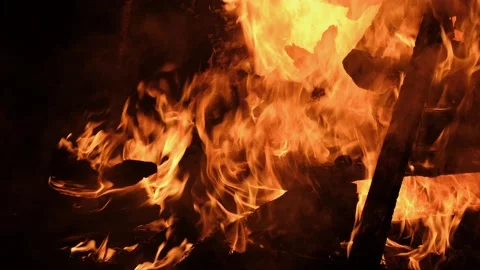 Large bonfire, timber crib, tipi fire, hot fire. Red hot coals Stock Footage 157829354