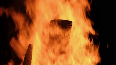 Large bonfire, timber crib, tipi fire, hot fire. Red hot coals Stock Footage 158001423
