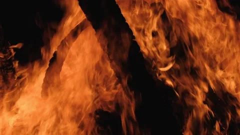 Large bonfire, timber crib, tipi fire, hot fire. Red hot coals Video stock 158071898